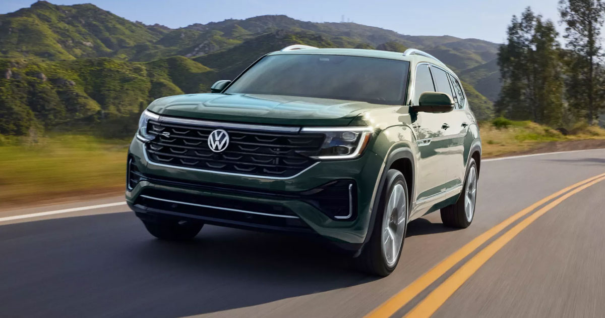 A Volkswagen Atlas driving through open roads.